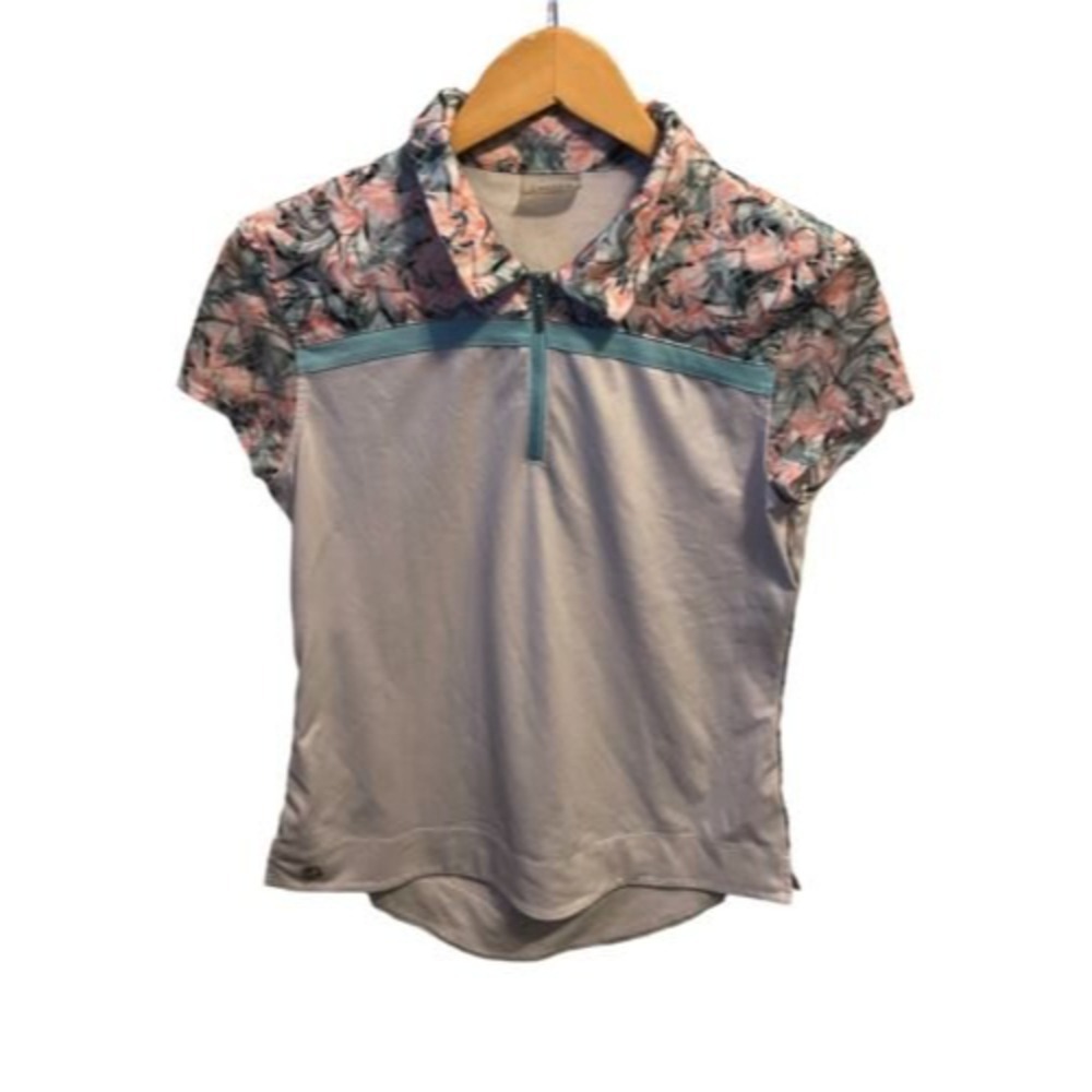 Chase 54 White Pink Blue Floral Print accents activewear golf Polo shirt Size M